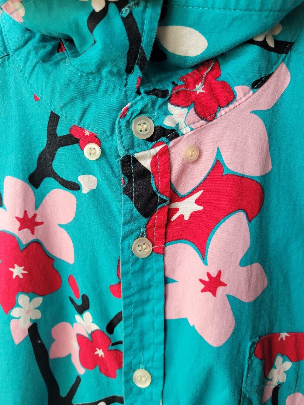 Cherry Blossom Five points Men's Medium Blue Short Sleeve Button-Up Shirt pocket - Picture 5 of 9